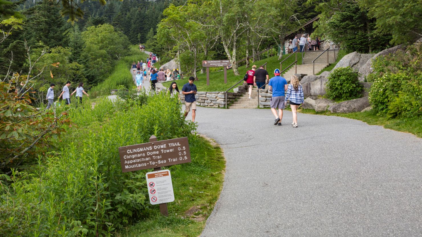 Park guests walk to Clingman's Dome tower and park store in the Smoky Mountains National Park.