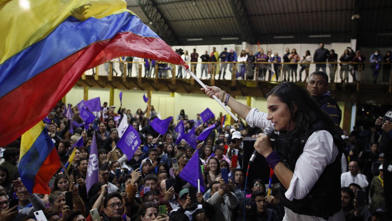 Ecuador's vice-presidential candidate for the National Democratic Action Party, Veronica Abad, greets ers in Quito, Ecuador, on October 15, 2023, after learning the results of the presidential runoff election. Ecuador's youngest-ever president-elect, Daniel Noboa, vowed Sunday after his election win to work to "restore peace" to the South American country in the grips of a bloody drug gang war. (Photo by Galo Paguay / AFP) (Photo by GALO PAGUAY/AFP via Getty Images)