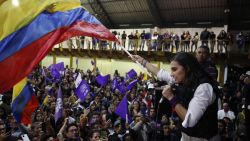 Ecuador's vice-presidential candidate for the National Democratic Action Party, Veronica Abad, greets supporters in Quito, Ecuador, on October 15, 2023, after learning the results of the presidential runoff election. Ecuador's youngest-ever president-elect, Daniel Noboa, vowed Sunday after his election win to work to "restore peace" to the South American country in the grips of a bloody drug gang war. (Photo by Galo Paguay / AFP) (Photo by GALO PAGUAY/AFP via Getty Images)