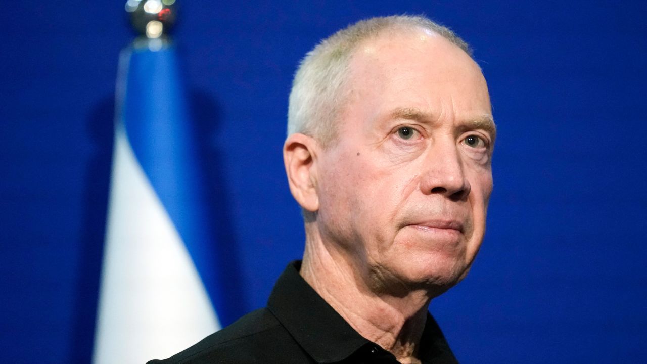 Israel's Defence Minister Yoav Gallant and US Secretary of State (not pictured) make brief statements to the media at the Israeli Ministry of Defence in Tel Aviv, on October 16, 2023.