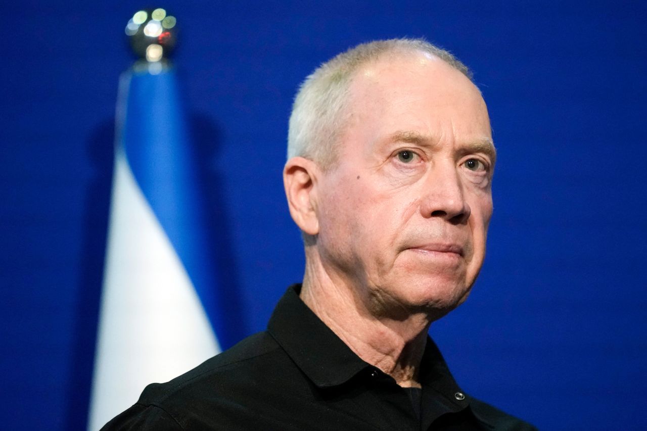 Israeli Defense Minister Yoav Gallant makes brief statements to the media at the Israeli Ministry of Defense in Tel Aviv, on October 16, 2023.