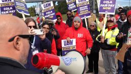 Workers picket outside of the Ford Assembly plant as the UAW strike against the Big Three U.S. automakers continues on October 10, 2023 in Chicago, Illinois. The strike, which started on Sept. 15 at three locations, has now been expanded to 43 facilities nationwide.