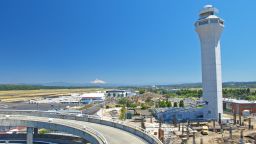 "Portland International Airport, Portland, Oregon, with Mount Hood in the distance."