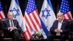 President Joe Biden sits with Israeli Prime Minister Benjamin Netanyahu at the start of an Israeli war cabinet meeting, in Tel Aviv, Israel on October 18, 2023.