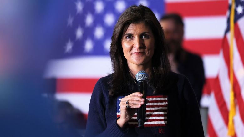 Republican presidential candidate Nikki Haley takes a question from an audience member during a town hall at Rochester American Legion Post #7 on October 12 in Rochester, New Hampshire. 