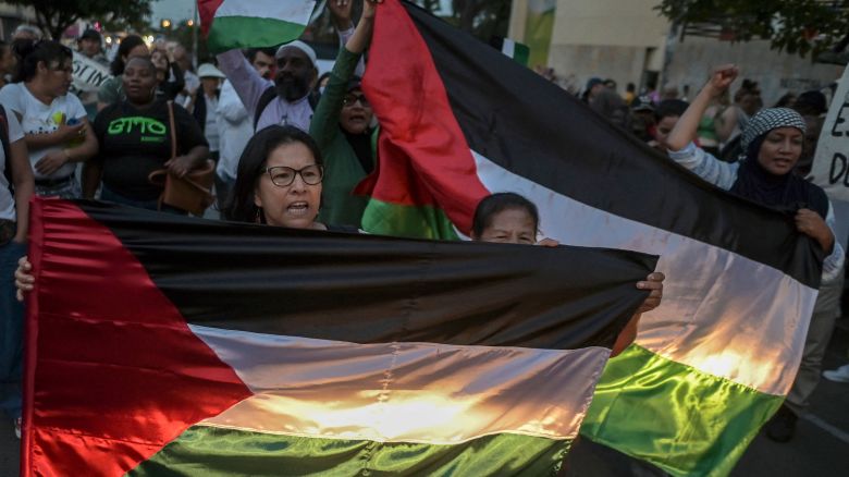 Two women, holding Palestinian flags, lead a march of a small crowd of people. 
