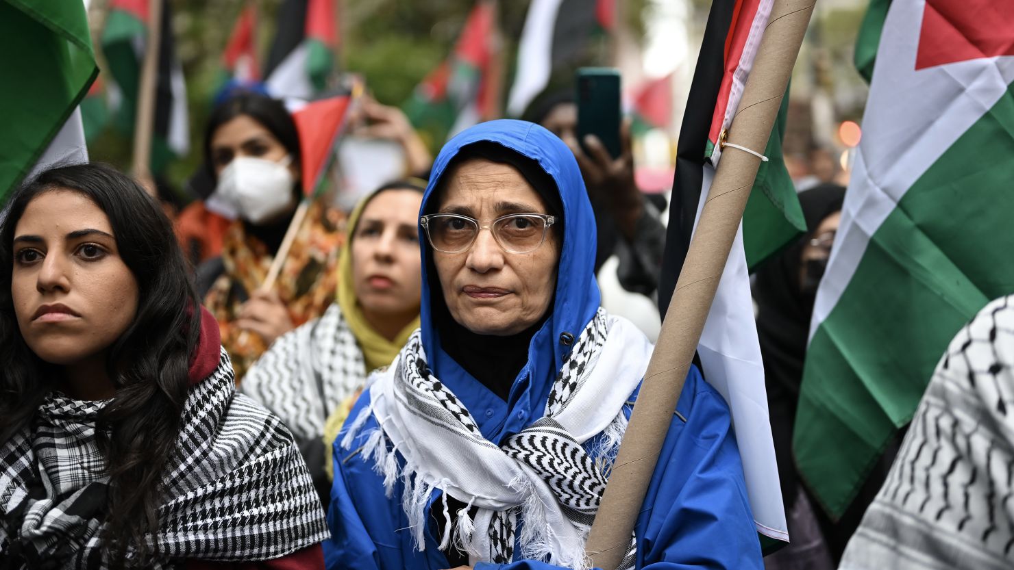 NEW YORK, UNITED STATES - OCTOBER 20: American Muslims holding banners and Palestinian flags, gather in front of New York City Hall to stage a demonstration in support of Palestinians after performing Friday prayers in New York, United States on October 20, 2023. (Photo by Fatih Aktas/Anadolu via Getty Images)