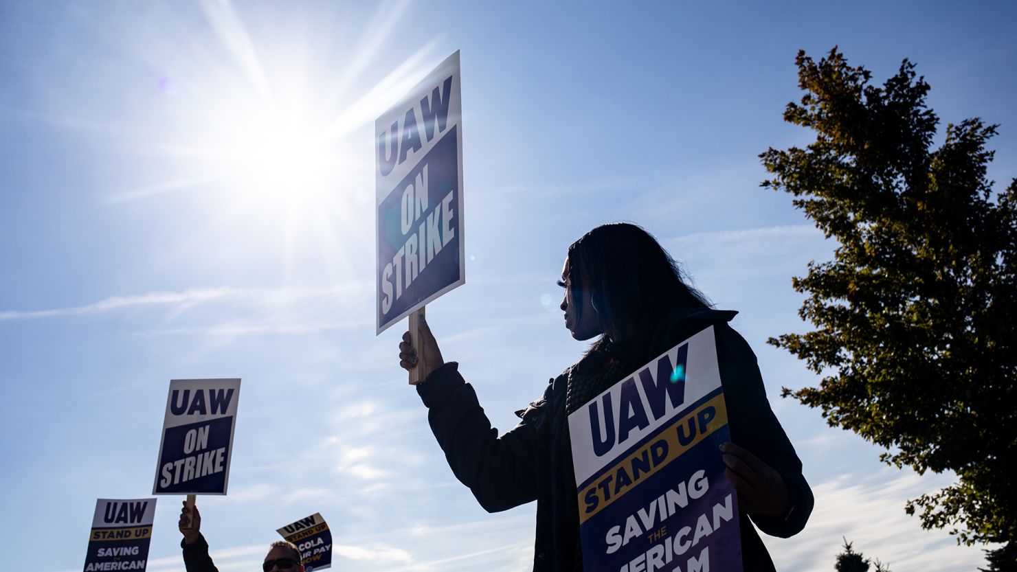 A picket line outside the Stellantis Sterling Heights Assembly Plant on Monday, the day UAW union members at at the plant joined the union's strike. The strike is now the longest US auto strike since 1998.