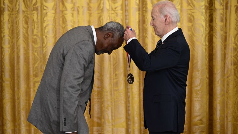 US President Joe Biden awards the National Medal of Science to Gebisa Ejeta during a ceremony in the East Room of the White House in Washington, DC on October 24, 2023. (Photo by Brendan SMIALOWSKI / AFP) (Photo by BRENDAN SMIALOWSKI/AFP via Getty Images)