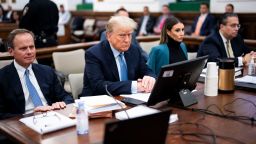 Former President Donald Trump sits in the courtroom with attorneys Christopher Kise (L) and Alina Habba during his civil fraud trial at New York State Supreme Court on October 18, 2023 in New York City.