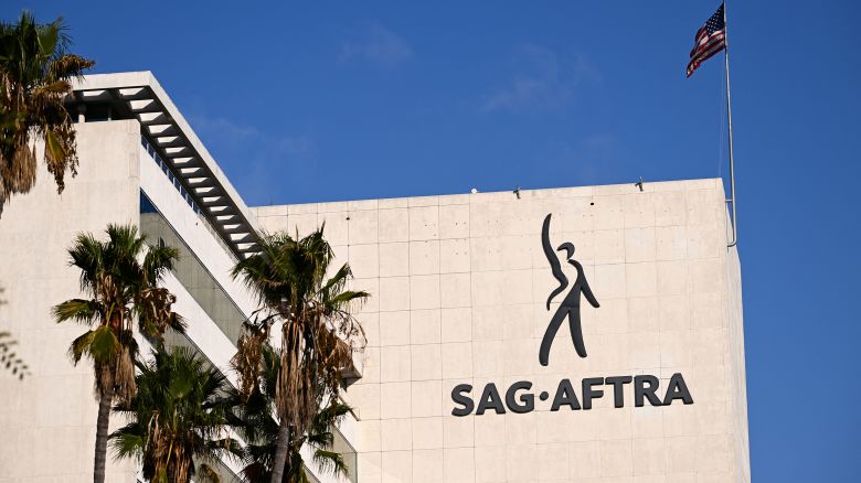 The SAG-AFTRA logo is displayed outside of the National Headquarters on Wilshire Blvd during the actors strike in Los Angeles, California on October 24, 2023.