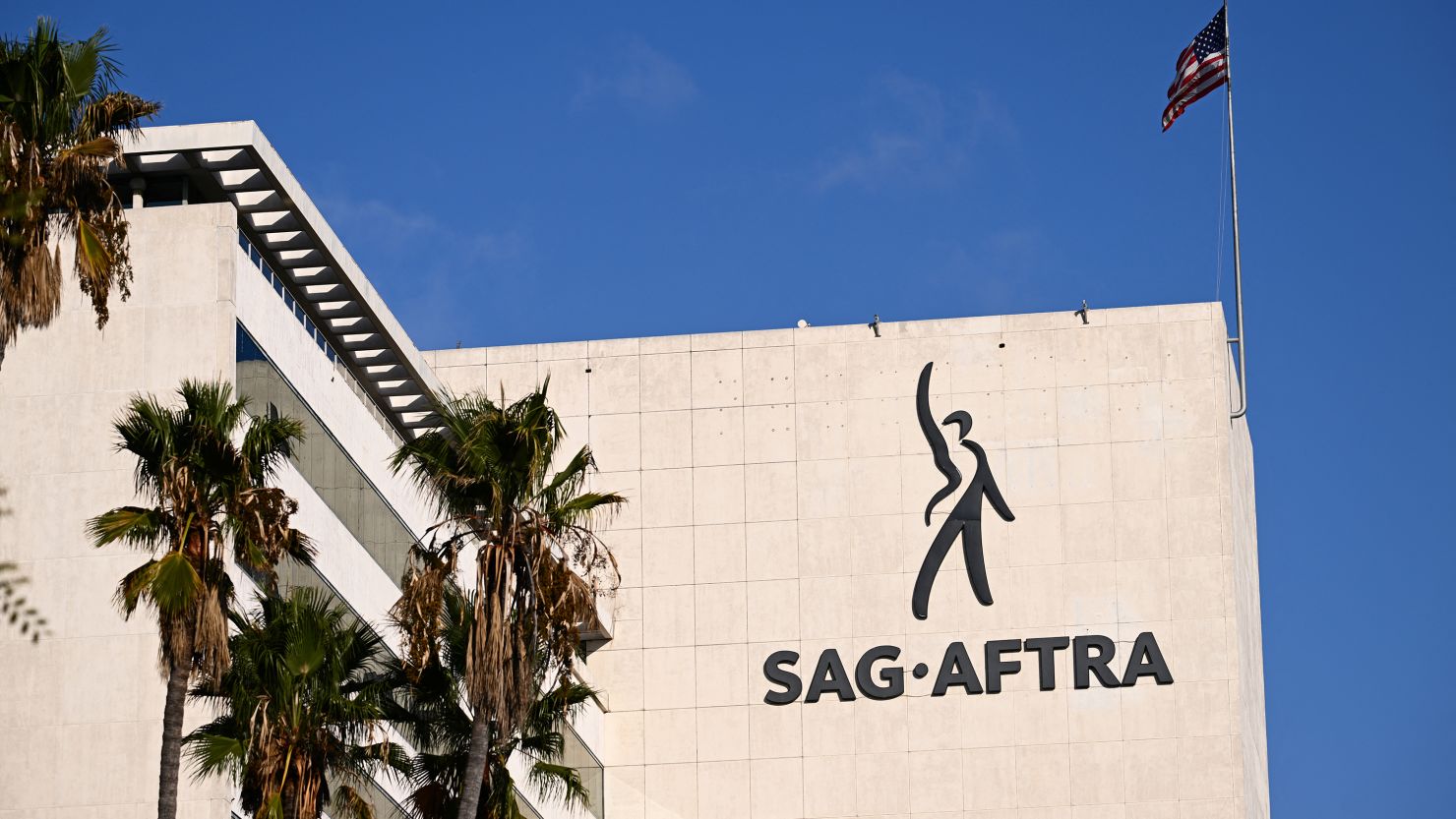 The SAG-AFTRA logo is displayed outside of the National Headquarters on Wilshire Blvd. The union will once again be going on strike, this time over a contract impasse with major video game companies.