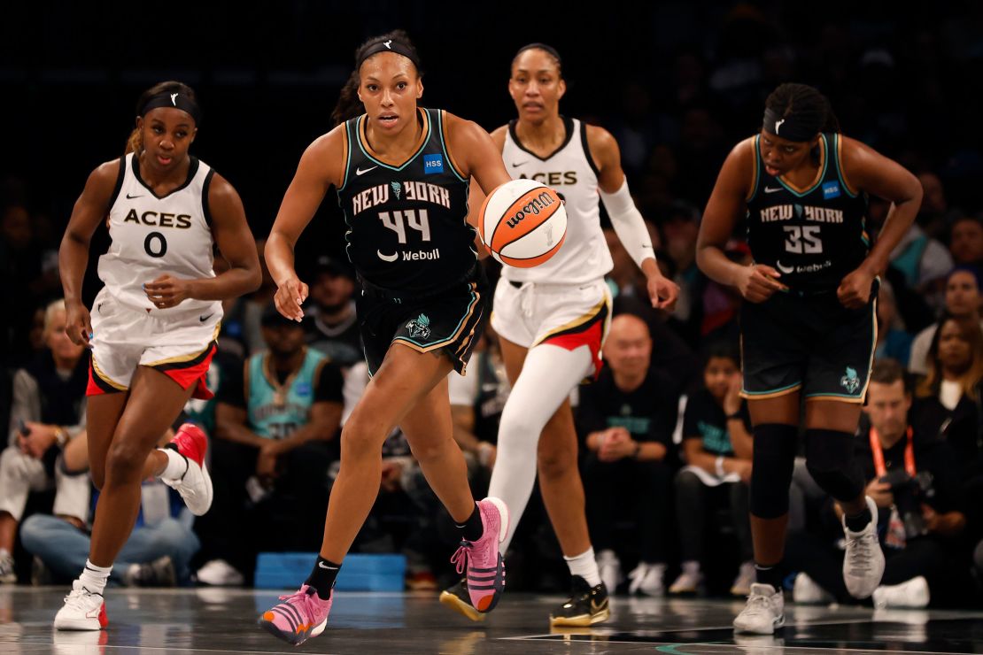 Betnijah Laney of the New York Liberty brings the ball up court against the Las Vegas Aces during game four of the 2023 WNBA Finals on October 18, 2023, in New York City.