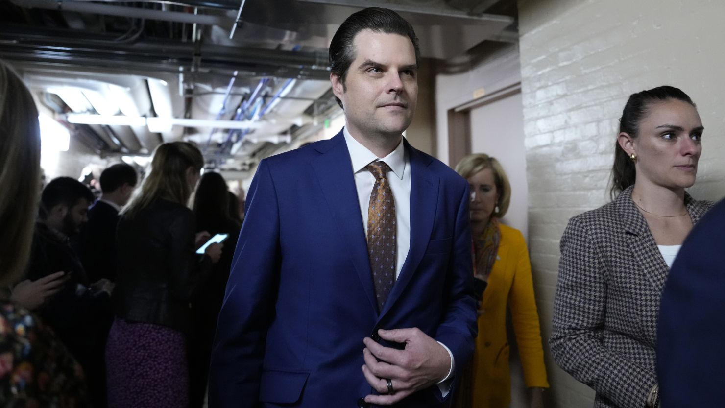 Rep. Matt Gaetz leaves a closed-door House Republican meeting at the US Capitol on October 20, 2023 in Washington, DC.
