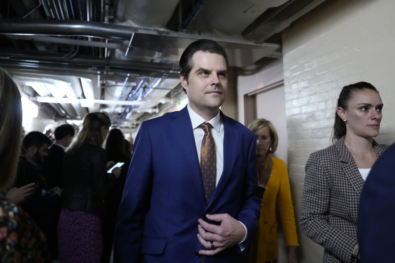 Then-Rep. Matt Gaetz leaves a closed-door House Republicans meeting at the Capitol in Washington, DC, on October 20, 2023.