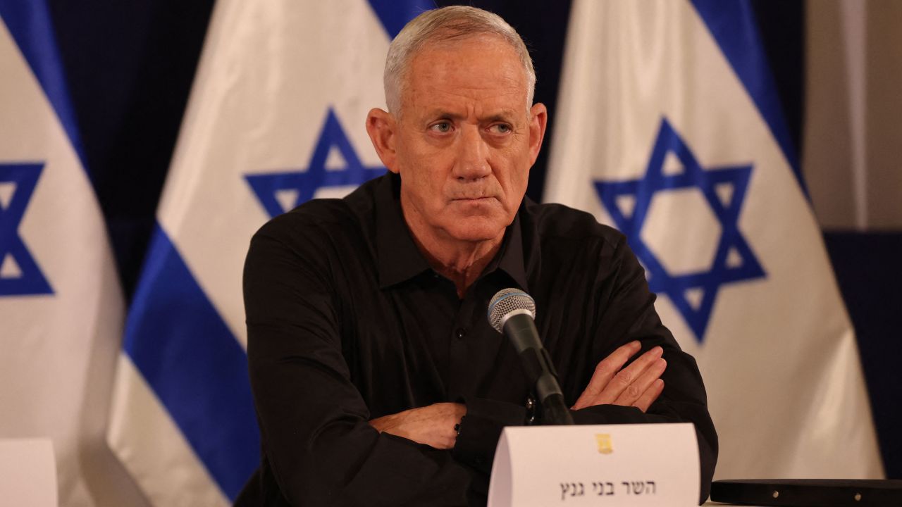 Israeli Cabinet Minister Benny Gantz attends a press conference in the Kirya military base in Tel Aviv on October 28, 2023 amid ongoing battles between Israel and the Palestinian group Hamas. Israel's Prime Minister Benjamin Netanyahu said on October 28 that fighting inside the Gaza Strip would be "long and difficult", as Israeli ground forces operate in the Palestinian territory for more than 24 hours. (Photo by Abir SULTAN / POOL / AFP) (Photo by ABIR SULTAN/POOL/AFP via Getty Images)