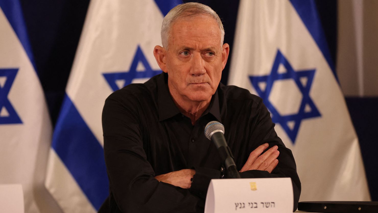 Israeli Cabinet Minister Benny Gantz attends a press conference in the Kirya military base in Tel Aviv on October 28, 2023.
