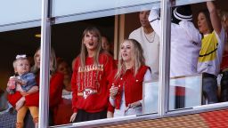 KANSAS CITY, MISSOURI - OCTOBER 22: Taylor Swift and Brittany Mahomes react to a touchdown scored by Travis Kelce #87 of the Kansas City Chiefs during the second quarter of the game against the Los Angeles Chargers at GEHA Field at Arrowhead Stadium on October 22, 2023 in Kansas City, Missouri. (Photo by David Eulitt/Getty Images)