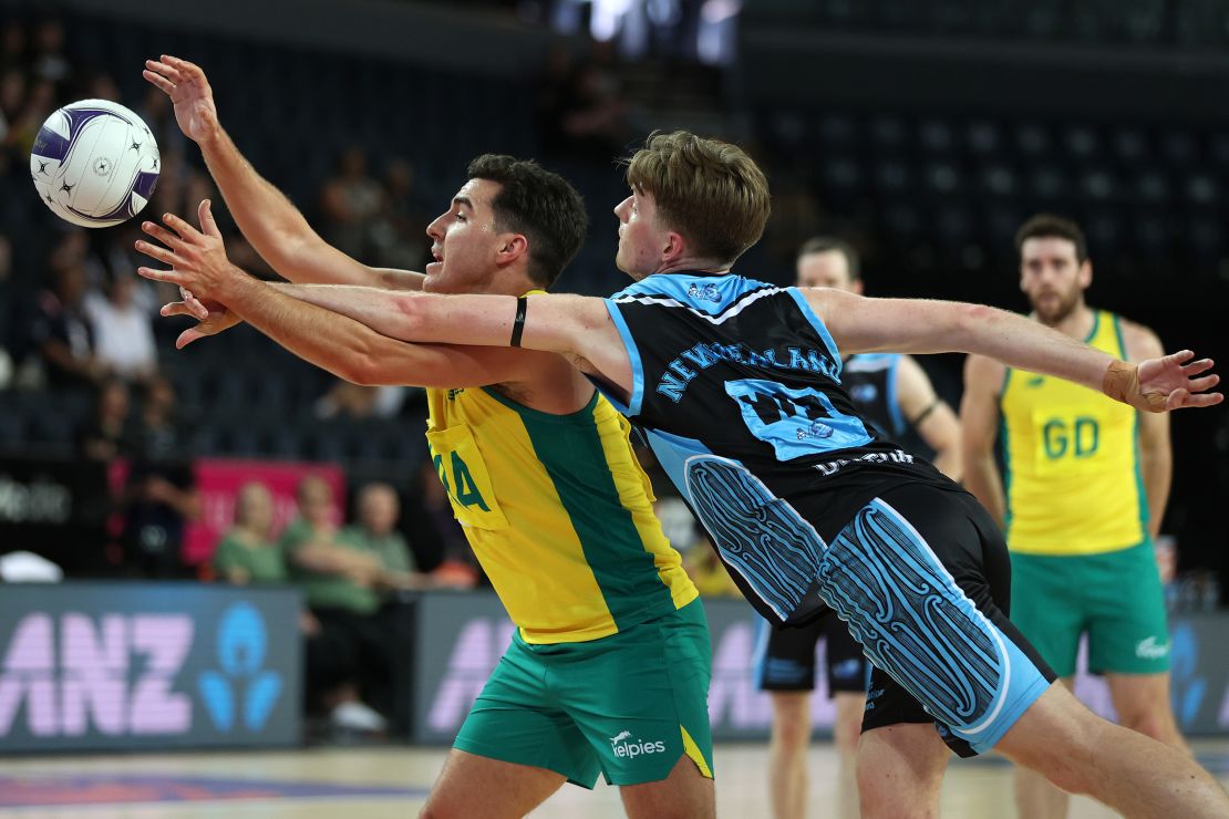 Dylan McPherson of Australia competes for the ball during the Mens International series match between New Zealand Men's and Australia Kelpies at Spark Arena on October 23, 2023 in Auckland, New Zealand.