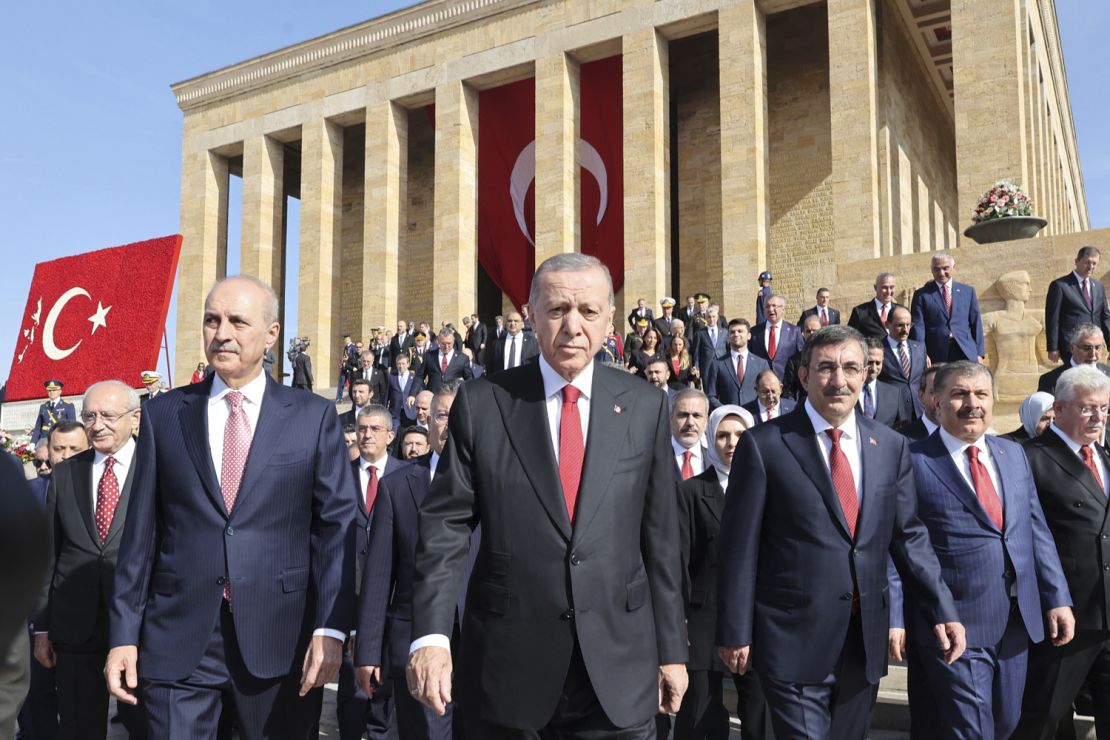 Turkish President Recep Tayyip Erdogan (C) and state officials in Ankara, Turkey on October 29.