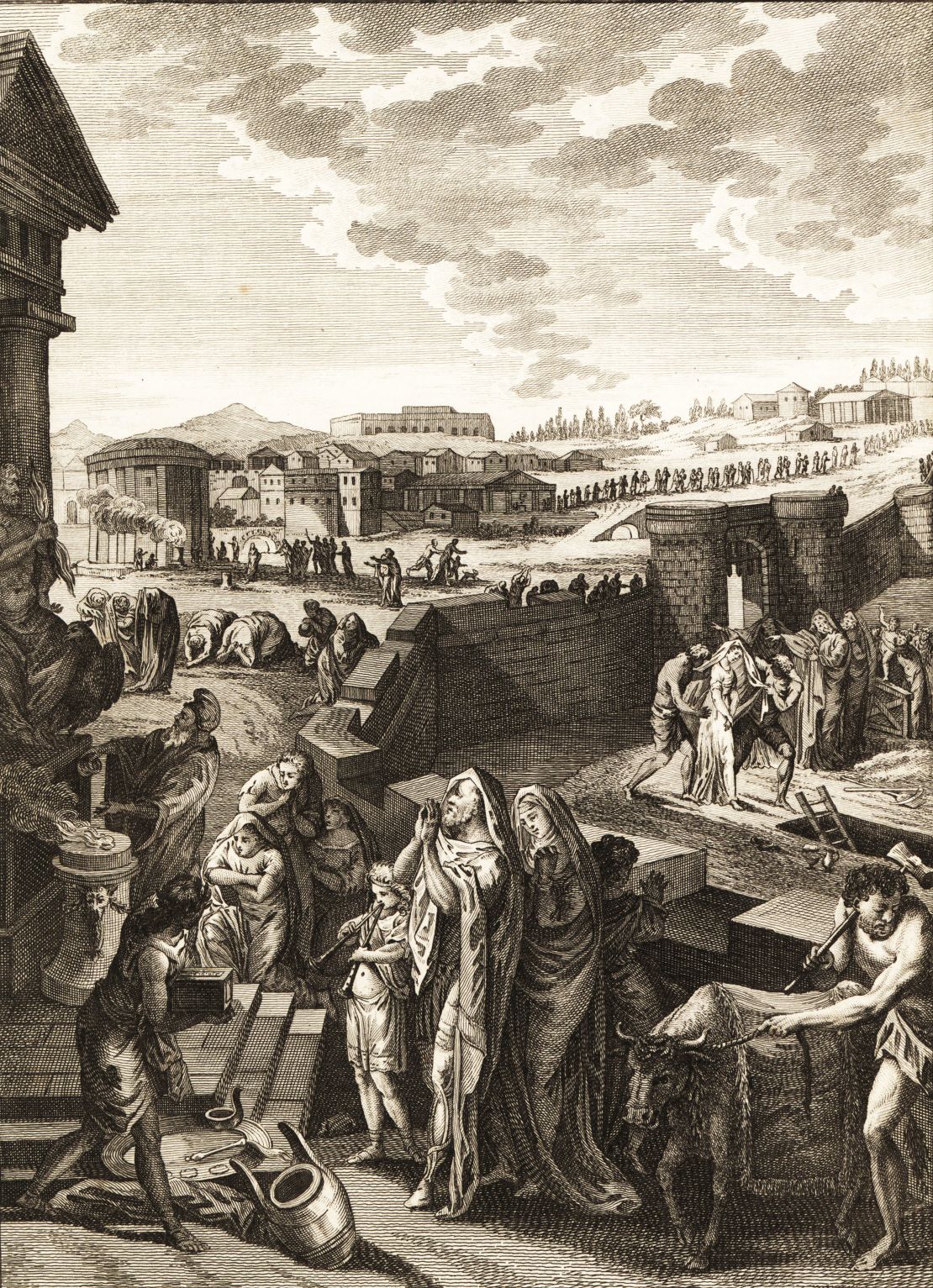 This illustration shows Romans praying outside a temple for an end to the Antonine Plague. The epidemic claimed the lives of millions, but the Roman empire survived.