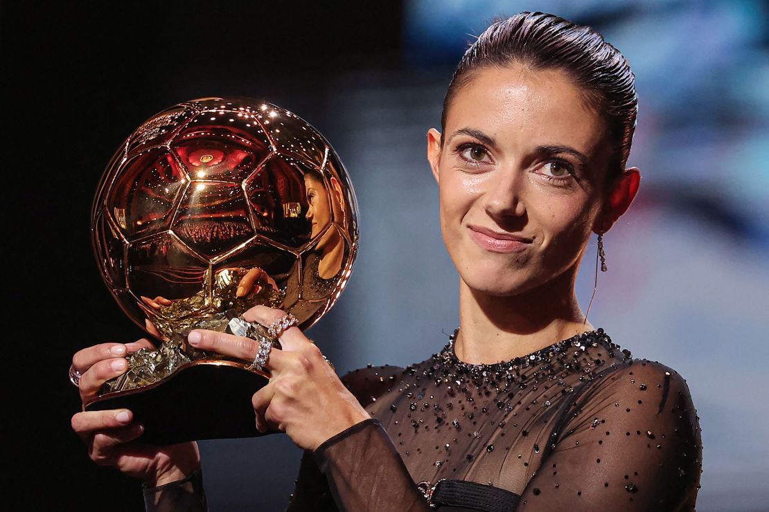 Barça and Spain midfielder Aitana Bonmati receives the Woman Ballon d'Or award during the 2023 Ballon d'Or France Football award ceremony on October 30.