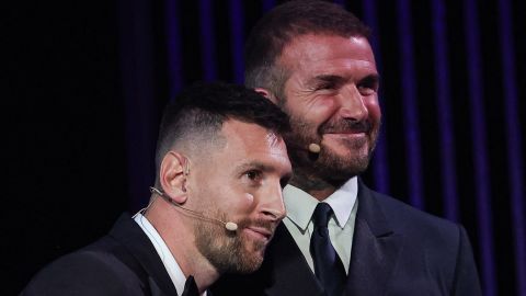 Inter Miami CF's Argentine forward Lionel Messi (L) reacts on stage as he receives his 8th Ballon d'Or award next to Former English football player and Inter Miami's co-owner David Beckham during the 2023 Ballon d'Or France Football award ceremony at the Theatre du Chatelet in Paris on October 30, 2023. (Photo by FRANCK FIFE / AFP) (Photo by FRANCK FIFE/AFP via Getty Images)