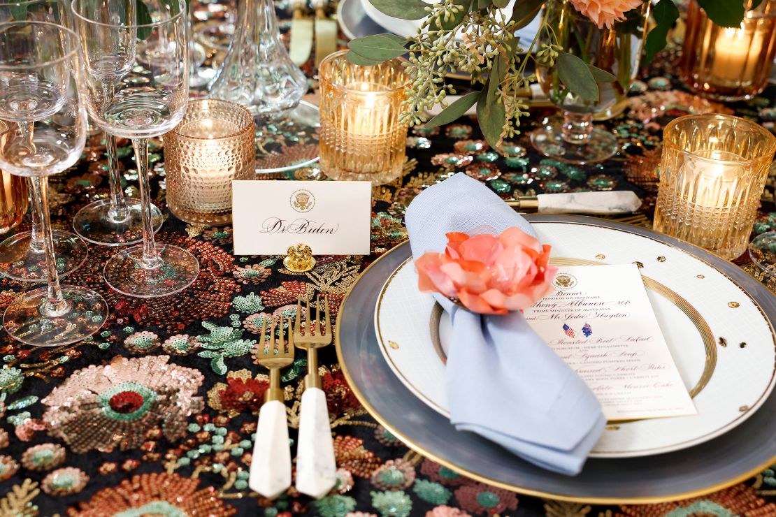 Place settings are displayed during an Australian State Dinner media preview in the State Dining Room of the White House on October 24, 2023 in Washington, DC.
