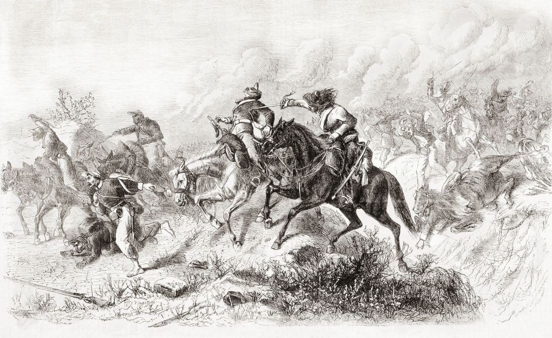 An illustration depicts Shelby in battle. He was known for wearing a plumed hat and often praised for his prowess on the battlefield.