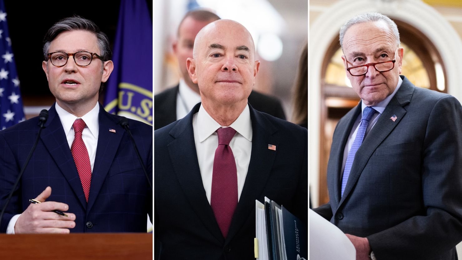 From left to right, House Speaker Mike Johnson, Homeland Security Secretary Alejandro Mayorkas and  Senate Majority Leader Charles Schumer are pictured.