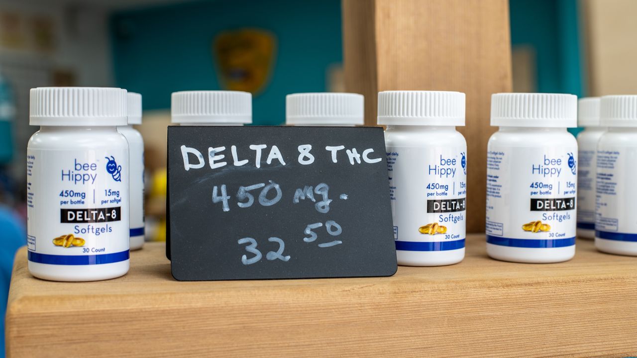 GARLAND, TX-JULY 22: DELTA 8 supplements on a shelf inside Hippy Bee Dispensary on Saturday, July 22 2023 in Garland, TX. The Bee Hippy Hemp Dispensary was raided along with the homes of Chris Fagan and David Dranguet an employee at the store by Garland police along with members of the DEA who claim the dispensary was selling hemp with illegal amounts of THC.  (Sergio Flores for The Washington Post via Getty Images)