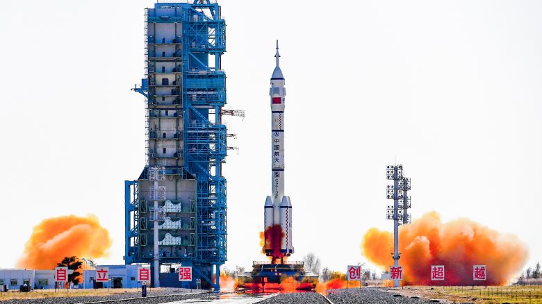 A Long March-2F carrier rocket carrying three astronauts heading to China's orbital space station lifts off from the Jiuquan Satellite Launch Center in Inner Mongolia on October 26, 2023.