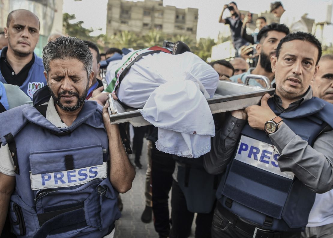 A funeral ceremony is held for Palestine TV correspondent Mohammed Abu Hatab, was killed, along with his family members, in an airstrike on his home in Khan Yunis, Gaza on November 03, 2023.