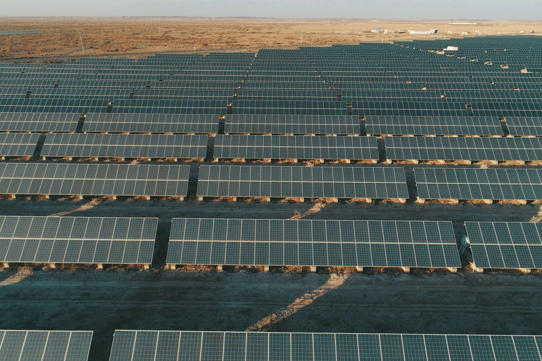 An array of solar photovoltaic power generation in the desert in Hami city, Xinjiang province, China, on November 5, 2023.