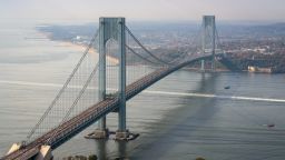 In this aerial view, runners compete as they cross over the Verrazzano-Narrows Bridge during the 2023 TCS New York City Marathon on November 05, 2023 in New York City.