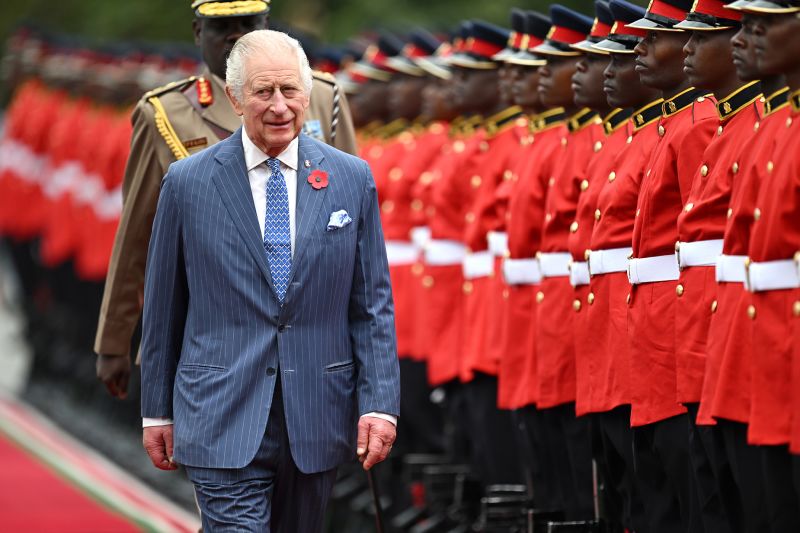 NAIROBI, KENYA - OCTOBER 31: King Charles III walks past the the Guard of Honour on October 31, 2023 in Nairobi, Kenya. King Charles III and Queen Camilla are visiting Kenya for four days at the invitation of Kenyan President William Ruto, to celebrate the relationship between the two countries. The visit comes as Kenya prepares to commemorate 60 years of independence. (Photo by Samir Hussein/WireImage)