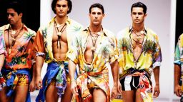 Marcus Schenkenberg, who went on to be one of the first male supermodels, walked Versace's spring 1993 menswear show wearing a brightly colored shirt.