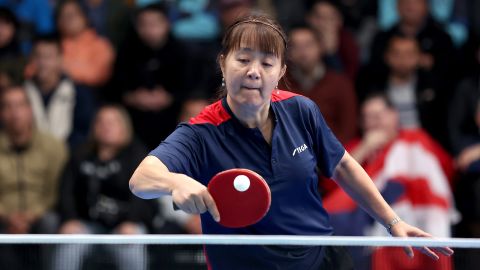 SANTIAGO, CHILE - OCTOBER 31: Zhiying Zeng of Team Chile plays against Lily Ann Zhang of Team United States in the round of 16 Women's Singles Table Tennis match at Centro de Entrenamiento Olímpico on Day 11 of Santiago 2023 Pan Am Games on October 31, 2023 in Santiago, Chile. (Photo by Ezra Shaw/Getty Images)