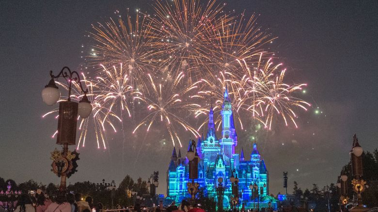 A light show is staged on the Enchanted Storybook Castle at Shanghai Disney Resort to celebrate Halloween on October 31, 2023 in Shanghai, China.