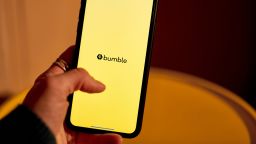 The Bumble logo on a smartphone arranged in New York, US, on Monday, Nov. 6, 2023.