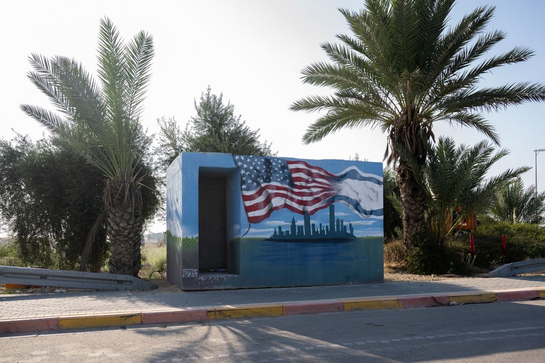 A bomb shelter is covered with a mural of the New York City skyline and an American and Israeli flag in the Eshkol region, Israel, on November 1, 2023.