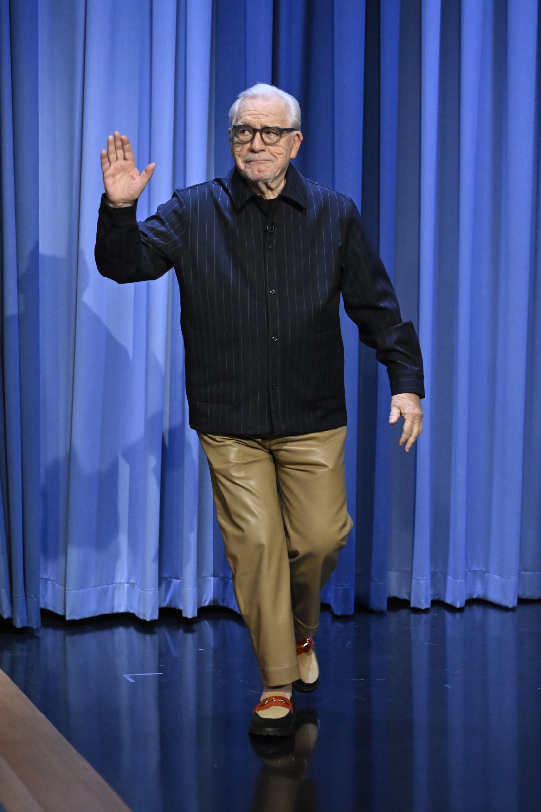 Brian Cox's camel-hued leather trousers have caused a stir online.