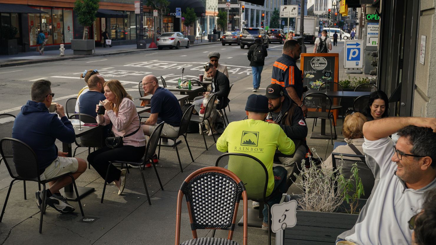 Patrons dine at a café in downtown San Francisco, California, on Friday, November 3, 2023.