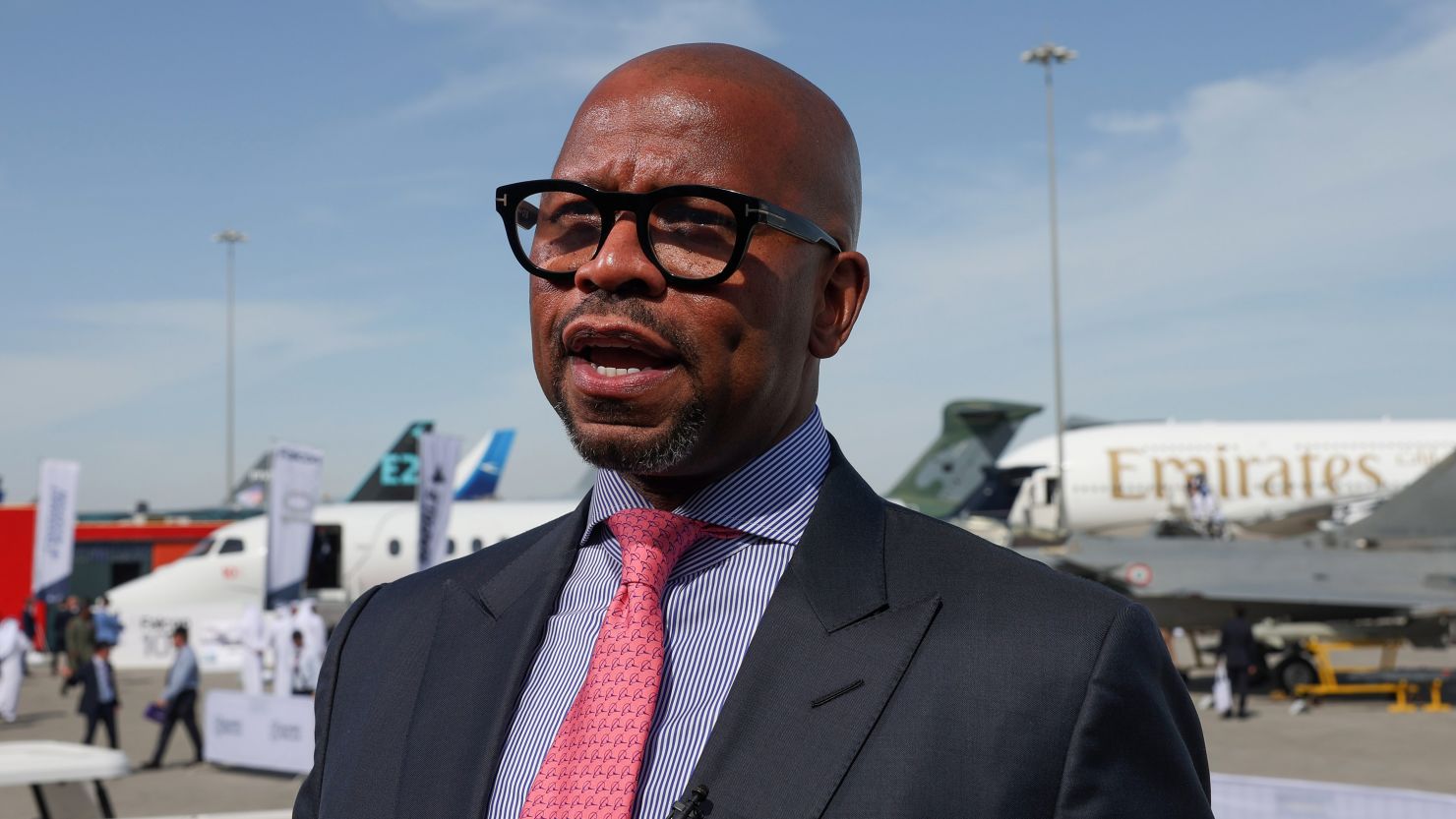 Ted Colbert, chief executive officer of the defense, space and security unit of Boeing Co., during a Bloomberg television interview at the Dubai Air Show in Dubai, United Arab Emirates, on Monday, Nov. 13, 2023.