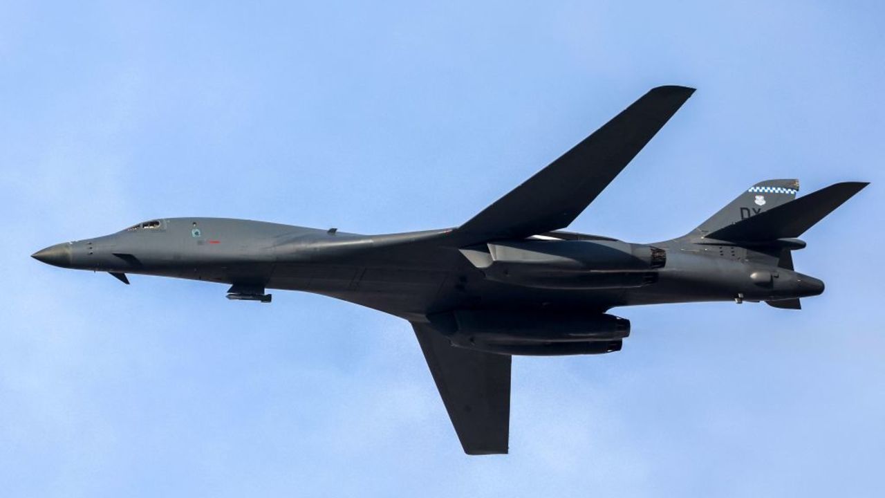 A US Air Force Rockwell B1 Lancer aircraft flies during the 2023 Dubai Airshow at Dubai World Central - Al-Maktoum International Airport in Dubai on November 13, 2023. (Photo by Giuseppe CACACE / AFP) (Photo by GIUSEPPE CACACE/AFP via Getty Images)