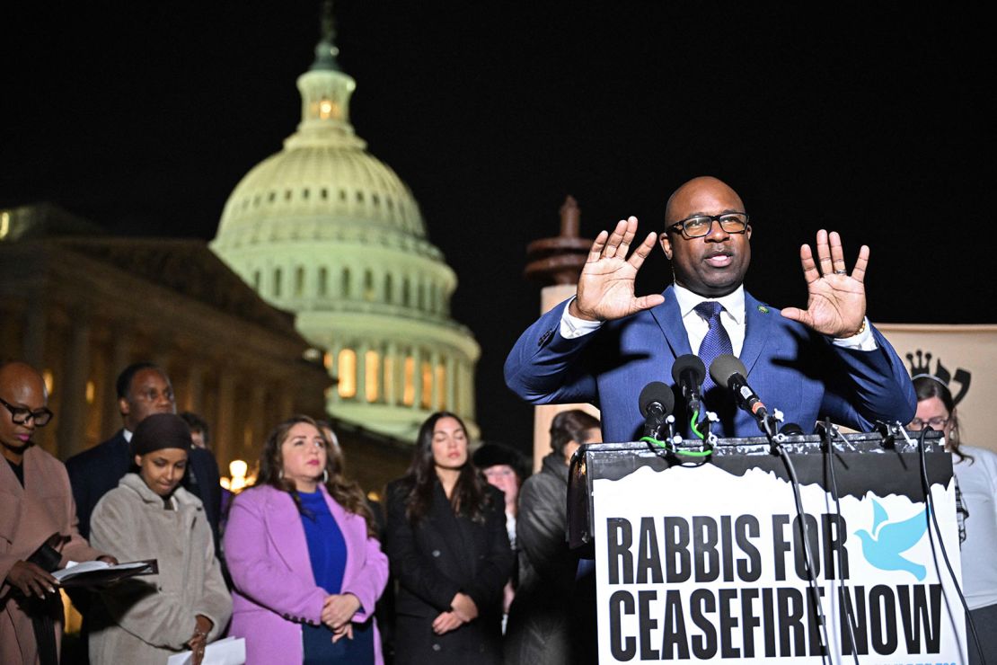 Rep. Jamaal Bowman speaks during a news conference calling for a ceasefire between Israel and Hamas, on November 13, 2023, in Washington, DC.