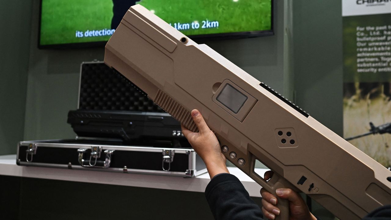 A handheld drone detection jammer is displayed during a worldwide state security exhibition in Villepinte, a suburb of Paris, France, on November 14, 2023.