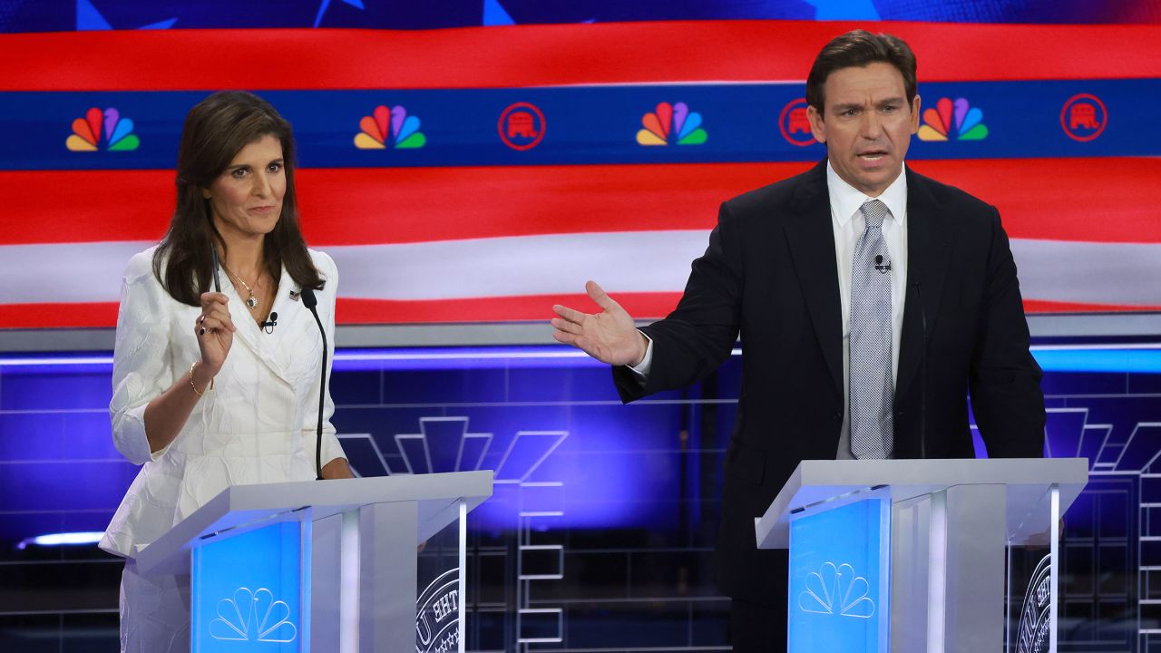 Republican presidential candidates Nikki Haley and Ron DeSantis participate in the NBC News Republican Presidential Primary Debate at the Adrienne Arsht Center for the Performing Arts of Miami-Dade County on November 8.
