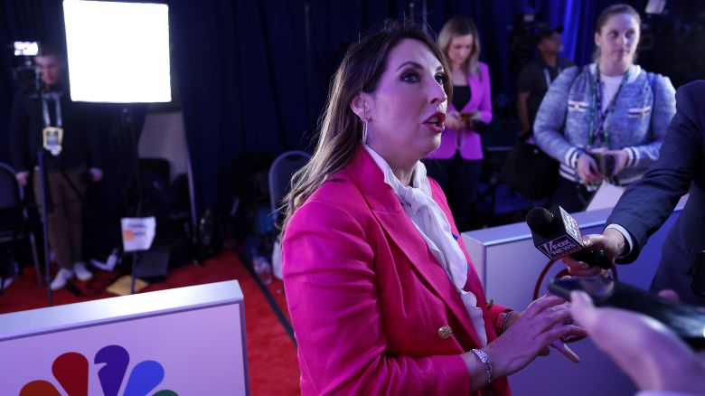 MIAMI, FLORIDA - NOVEMBER 08: RNC Chairwoman Ronna McDaniel speaks to members of the media in the spin room following the NBC News Republican Presidential Primary Debate at the Adrienne Arsht Center for the Performing Arts of Miami-Dade County on November 8, 2023 in Miami, Florida. Five presidential hopefuls squared off in the third Republican primary debate as former U.S. President Donald Trump, currently facing indictments in four locations, declined again to participate. (Photo by Anna Moneymaker/Getty Images)