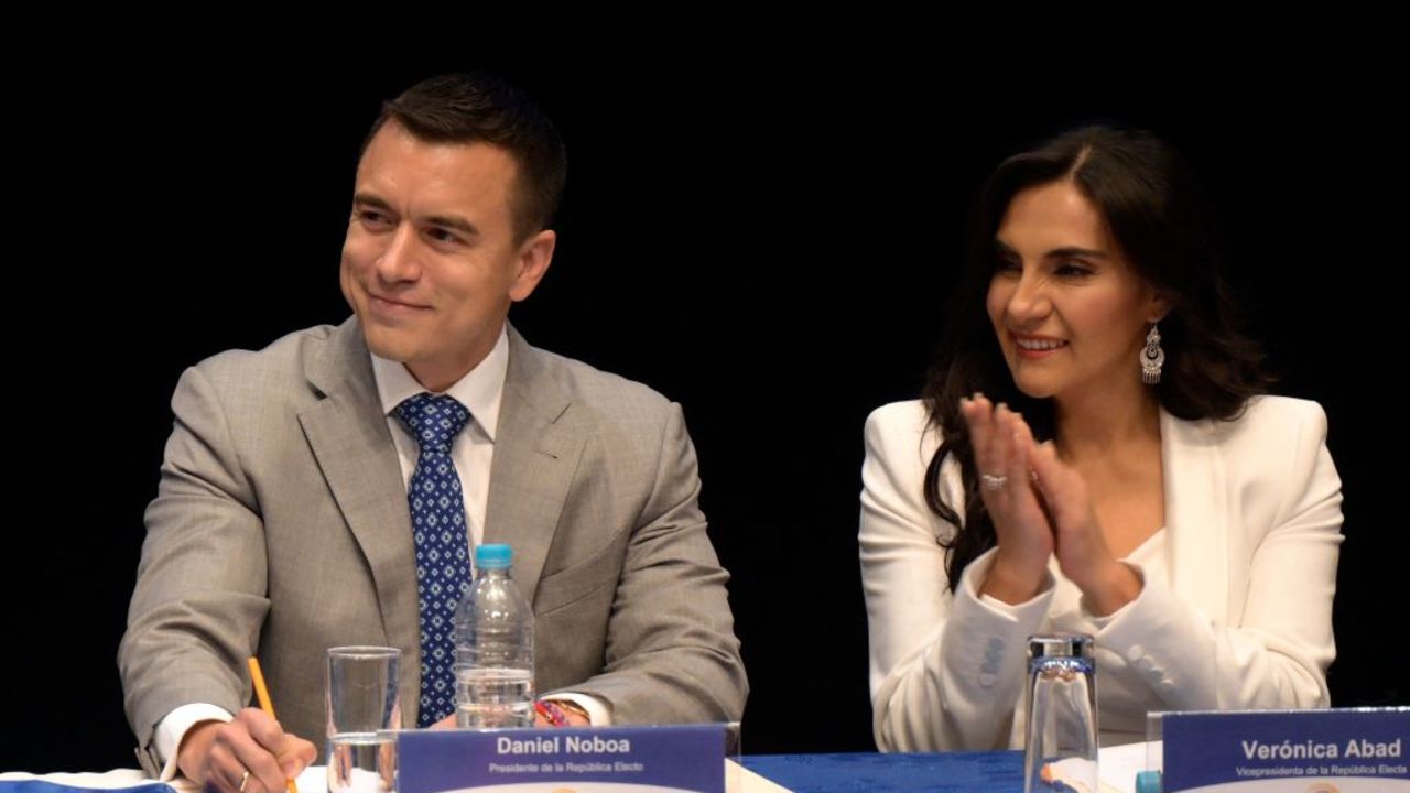 Ecuador's president-elect Daniel Noboa (L) and vice president-elect Veronica Abad gesture before receiving their credentials at the Sucre Theater in Quito on November 15, 2023. Noboa will be sworn in as president for a 17-month term on November 25, finishing the term of outgoing President Guillermo Lasso, who called a snap election to avoid a possible impeachment over alleged embezzlement. (Photo by Rodrigo BUENDIA / AFP) (Photo by RODRIGO BUENDIA/AFP via Getty Images)